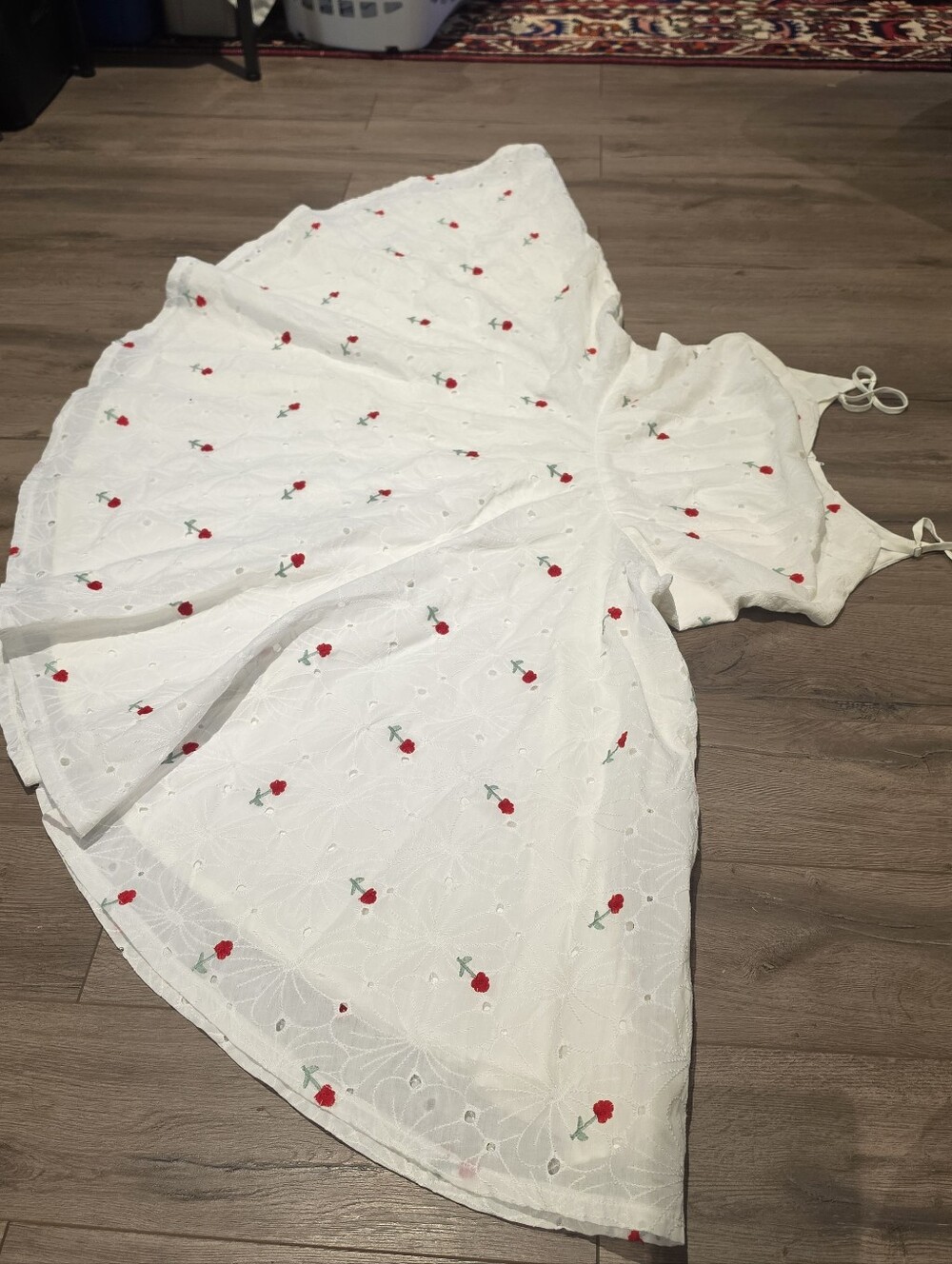 Magnolia Place White Eyelet Midi Circle Dress with Cherry Embroidery